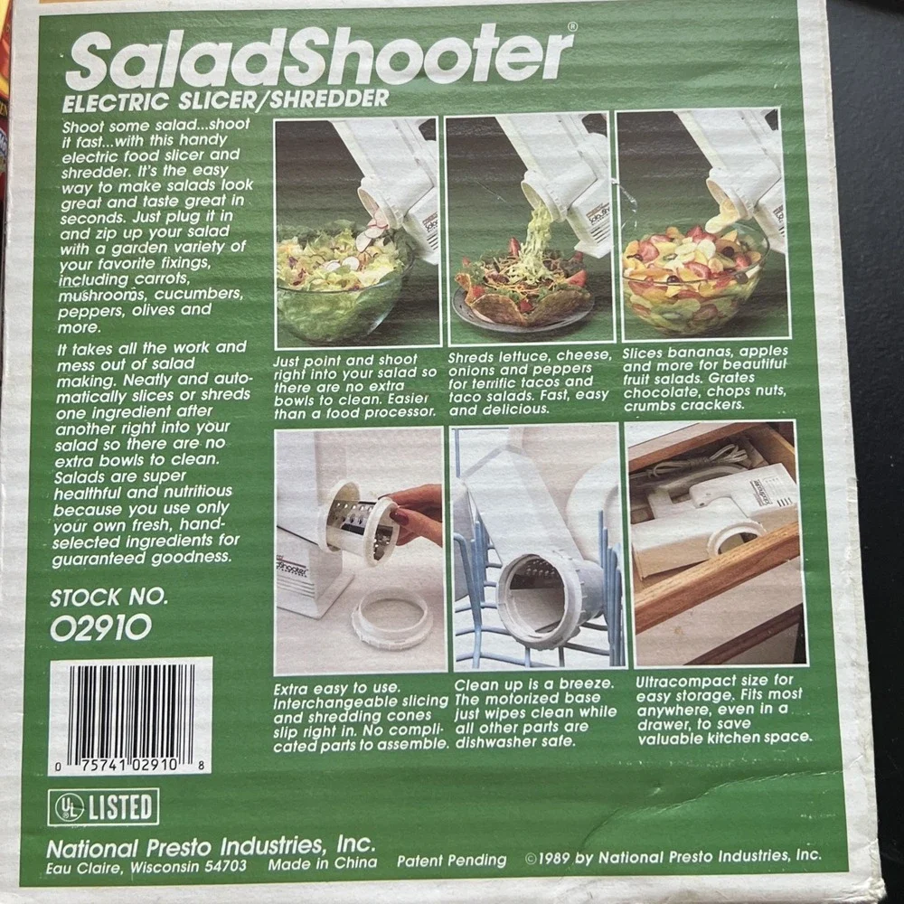 Vintage 1989 Presto 02910 Salad-Shooter Electric Food Slicer Shredder New NOS